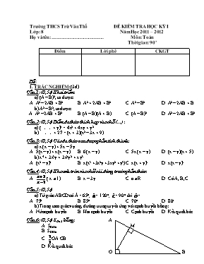 Đề kiểm tra học kỳ I năm học 2011  2012 môn Toán - Trường THCS Trừ Văn Thố